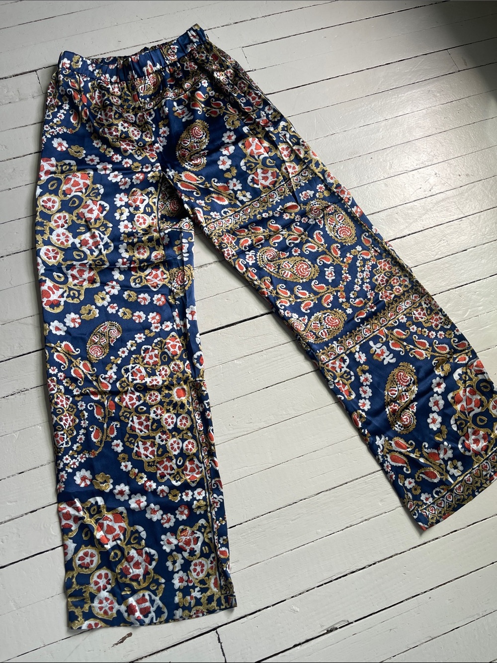 SUNO Navy Paisley Floral Elastic Waist 100% Silk Pants
